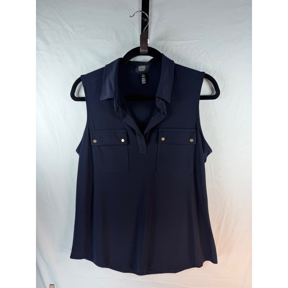 Jones New York Signature Navy Blue Sleeveless Knit Top Collared Pockets Medium